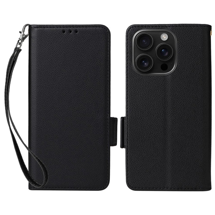 For iPhone 16 Pro Case with Wrist Strap Litchi Texture PU Leather Wallet Phone Cover - Black - 1