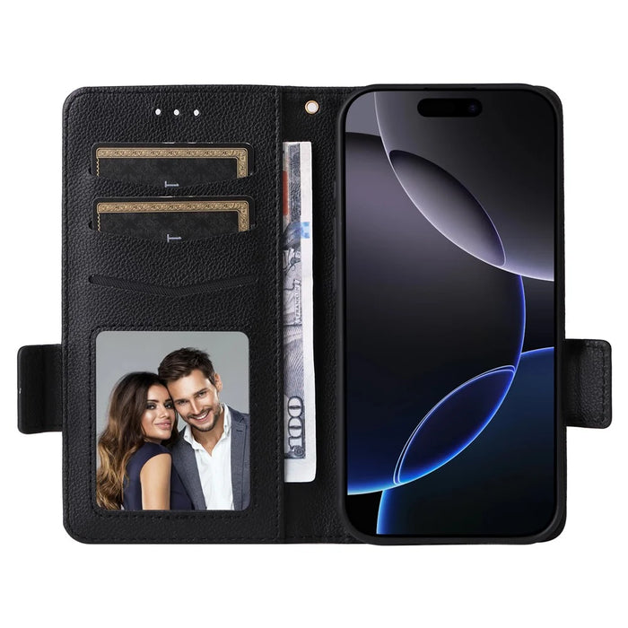 For iPhone 16 Pro Case with Wrist Strap Litchi Texture PU Leather Wallet Phone Cover - Black - 2
