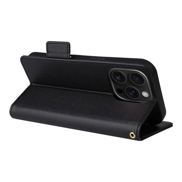 For iPhone 16 Pro Case with Wrist Strap Litchi Texture PU Leather Wallet Phone Cover - Black - 4