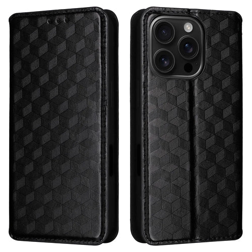 For iPhone 16 Pro Wallet Case Rhombus Imprinted Leather Phone Cover - Black - 1