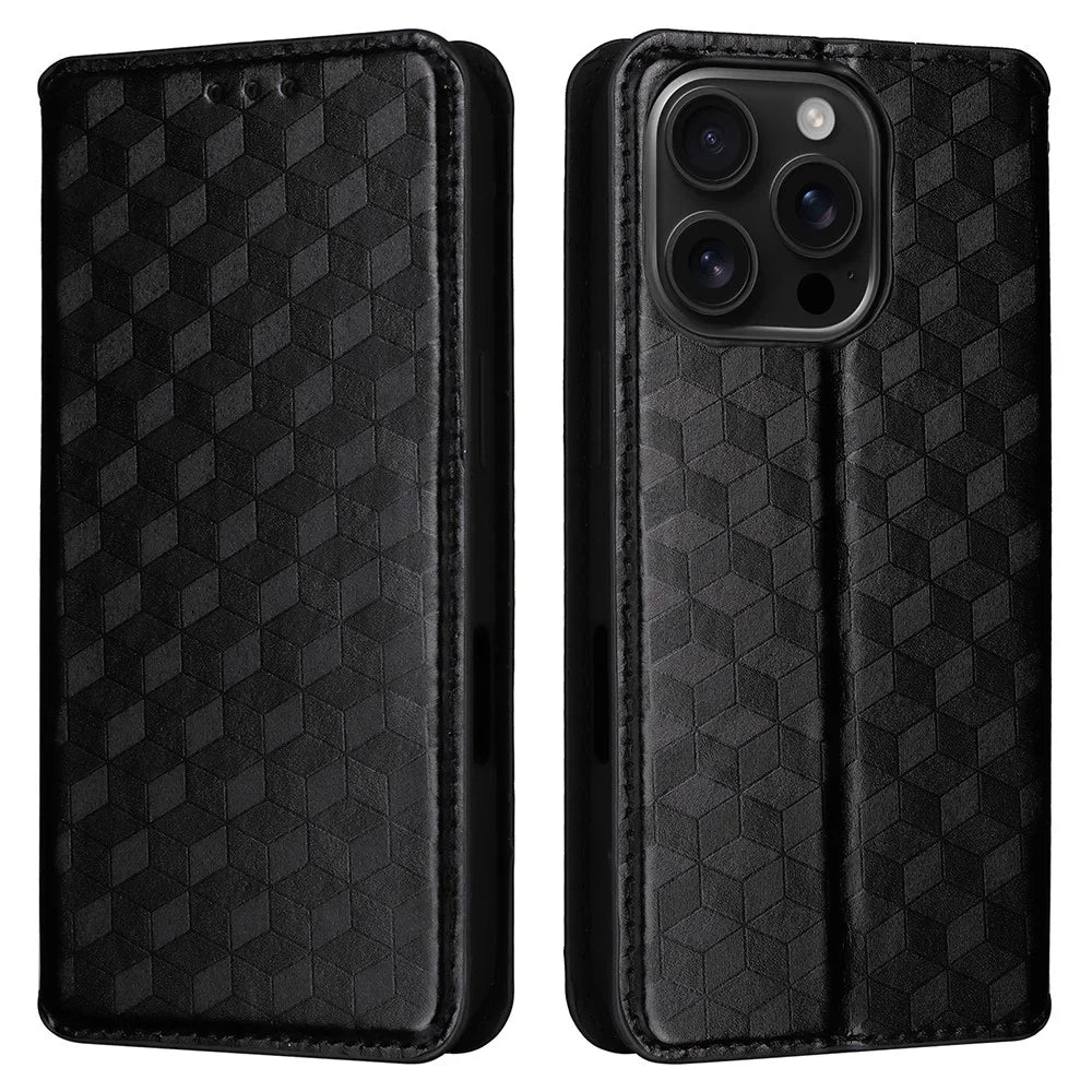 For iPhone 16 Pro Wallet Case Rhombus Imprinted Leather Phone Cover - Black - 1