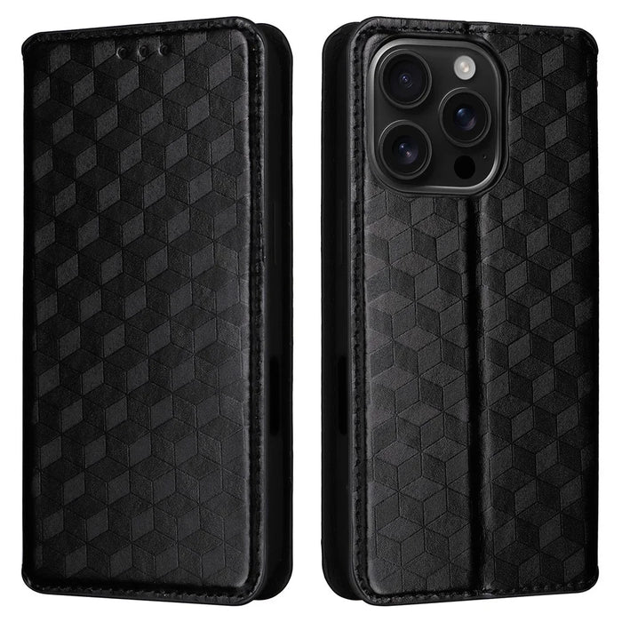 For iPhone 16 Pro Wallet Case Rhombus Imprinted Leather Phone Cover - Black - 1