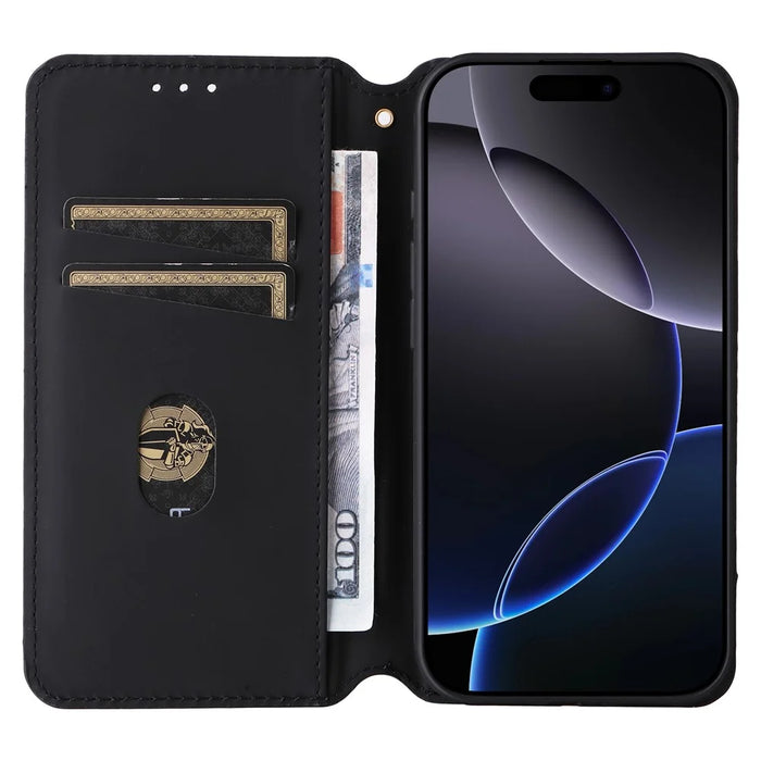 For iPhone 16 Pro Wallet Case Rhombus Imprinted Leather Phone Cover - Black - 2