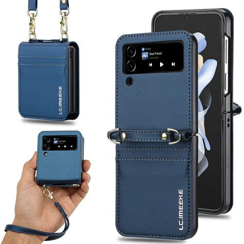 LC.IMEEKE L1 for Samsung Galaxy Z Flip3 5G Case Leather+PC Phone Cover with Straps Card Slots - Blue - 1