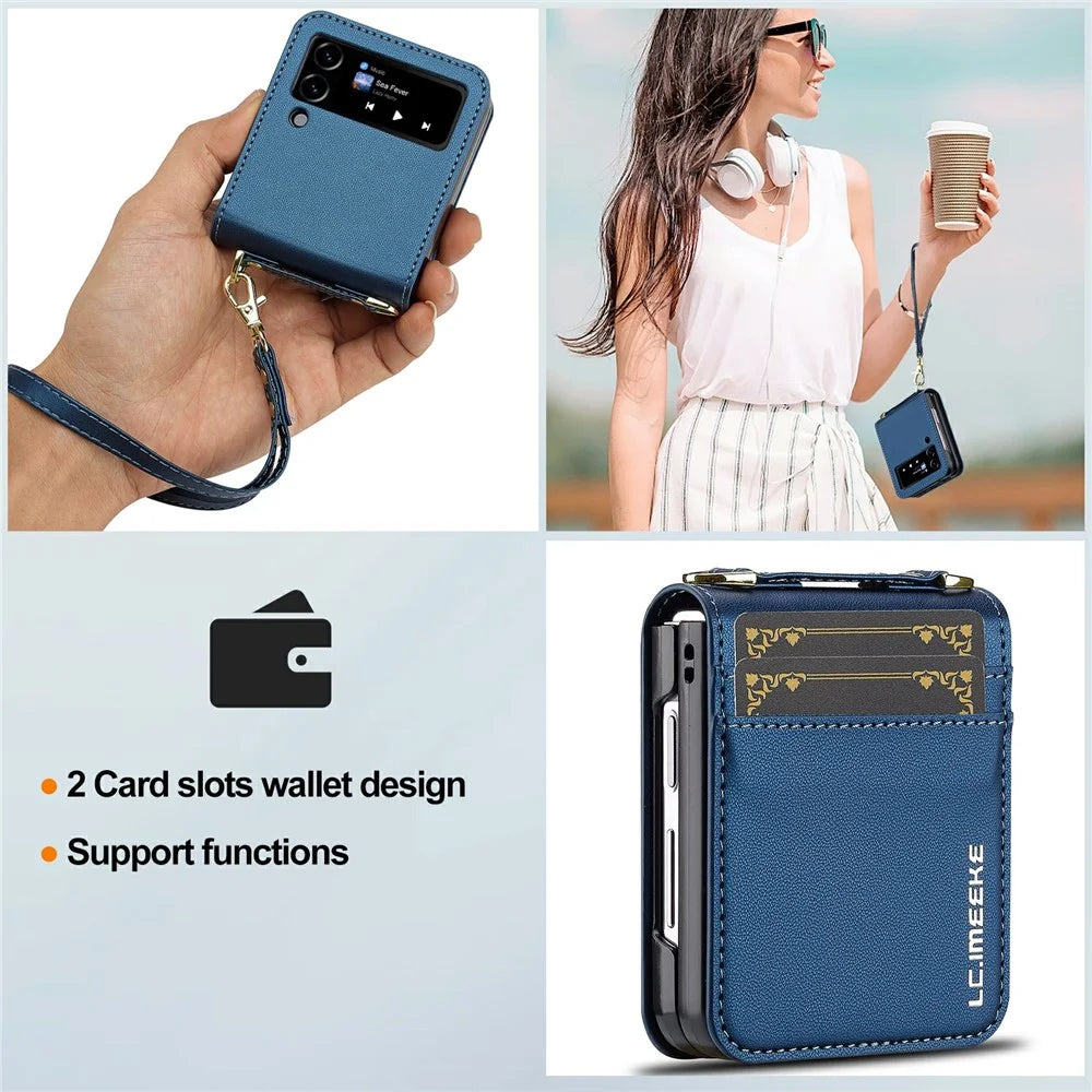 LC.IMEEKE L1 for Samsung Galaxy Z Flip3 5G Case Leather+PC Phone Cover with Straps Card Slots - Blue - 6