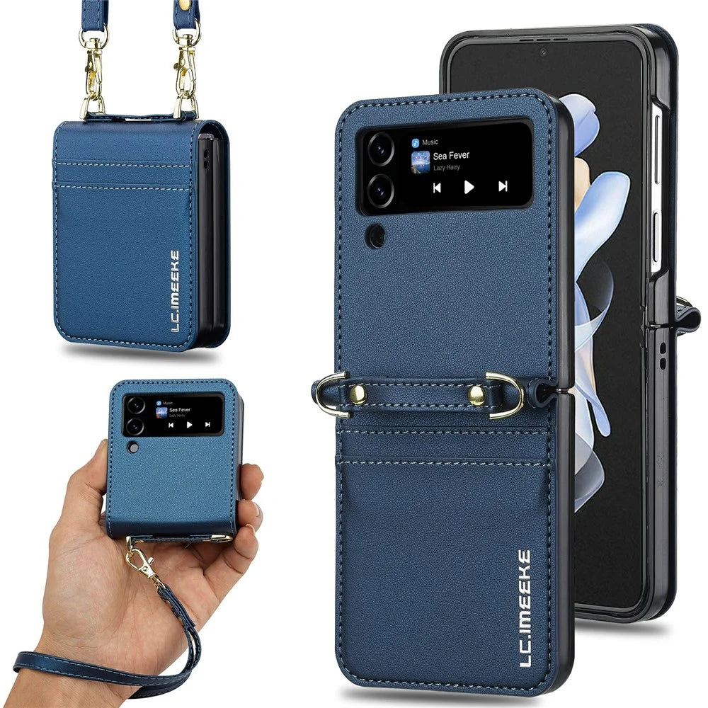 LC.IMEEKE L1 for Samsung Galaxy Z Flip4 5G Case Leather+PC Phone Cover with Straps Card Slots - Blue - 1