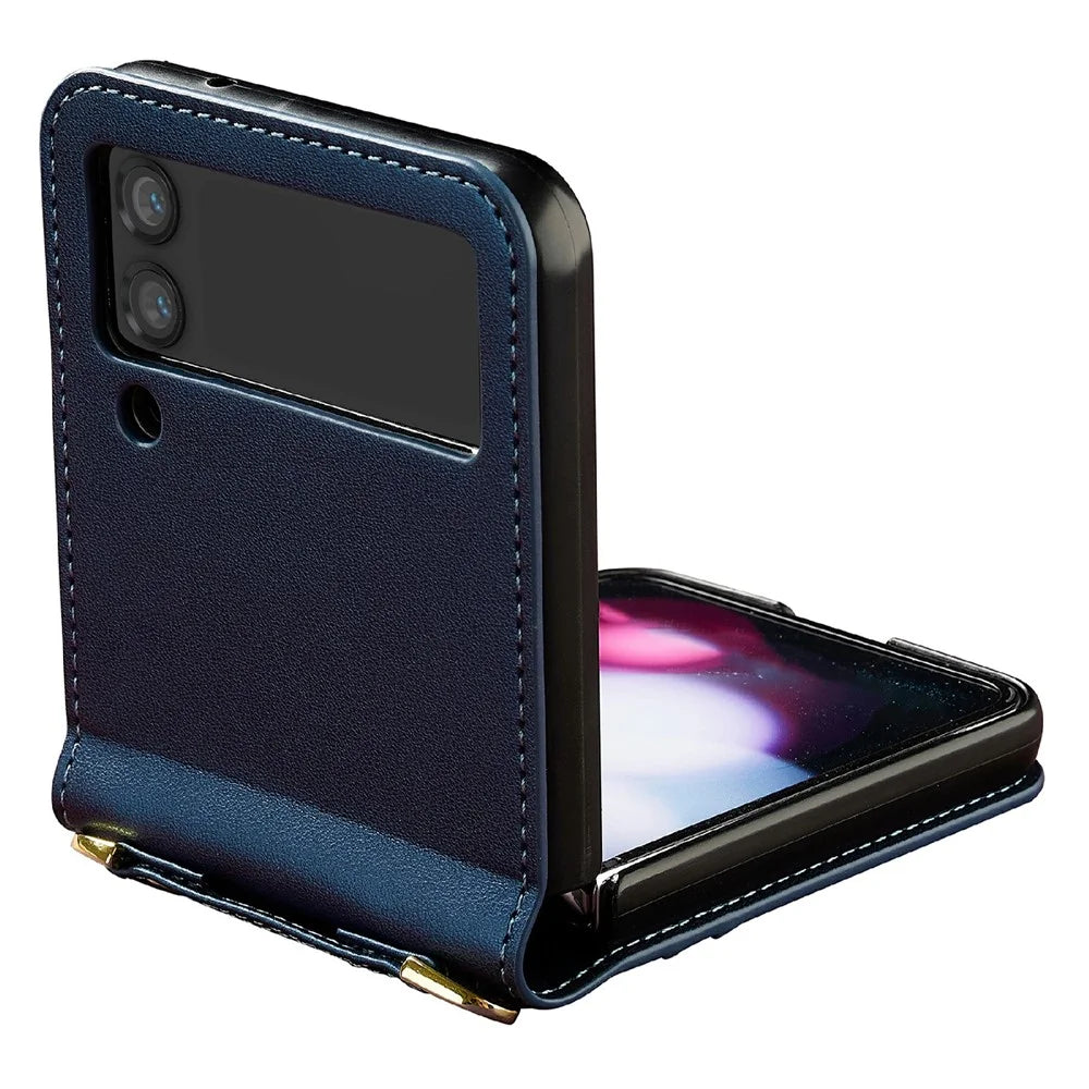 LC.IMEEKE L1 for Samsung Galaxy Z Flip4 5G Case Leather+PC Phone Cover with Straps Card Slots - Blue - 2