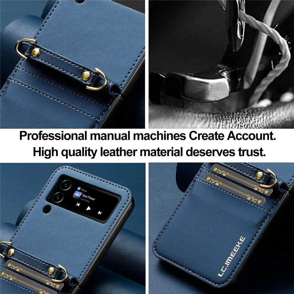 LC.IMEEKE L1 for Samsung Galaxy Z Flip4 5G Case Leather+PC Phone Cover with Straps Card Slots - Blue - 5