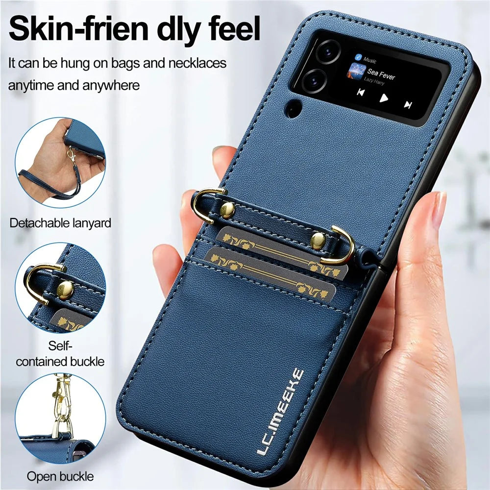 LC.IMEEKE L1 for Samsung Galaxy Z Flip4 5G Case Leather+PC Phone Cover with Straps Card Slots - Blue - 7