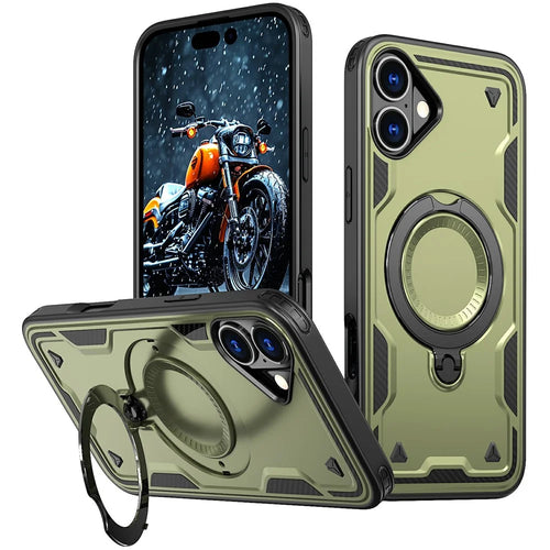 For iPhone 16 Case Compatible with MagSafe Military Protection PC+TPU Kickstand Phone Cover - Olive Green - 1