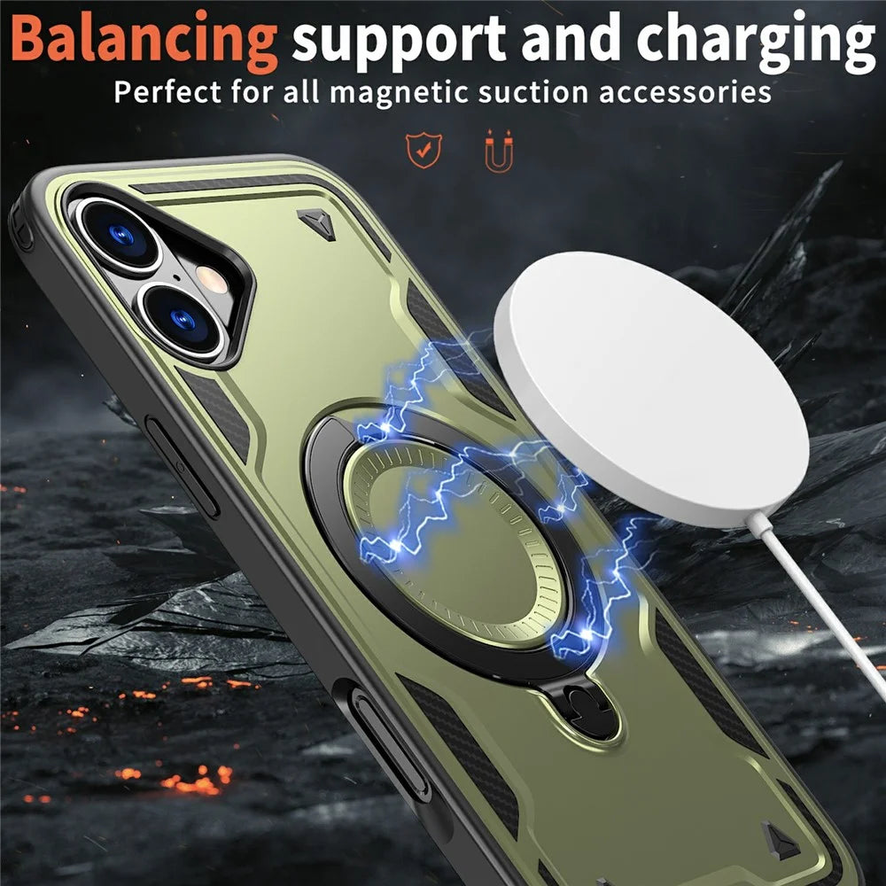 For iPhone 16 Case Compatible with MagSafe Military Protection PC+TPU Kickstand Phone Cover - Olive Green - 2