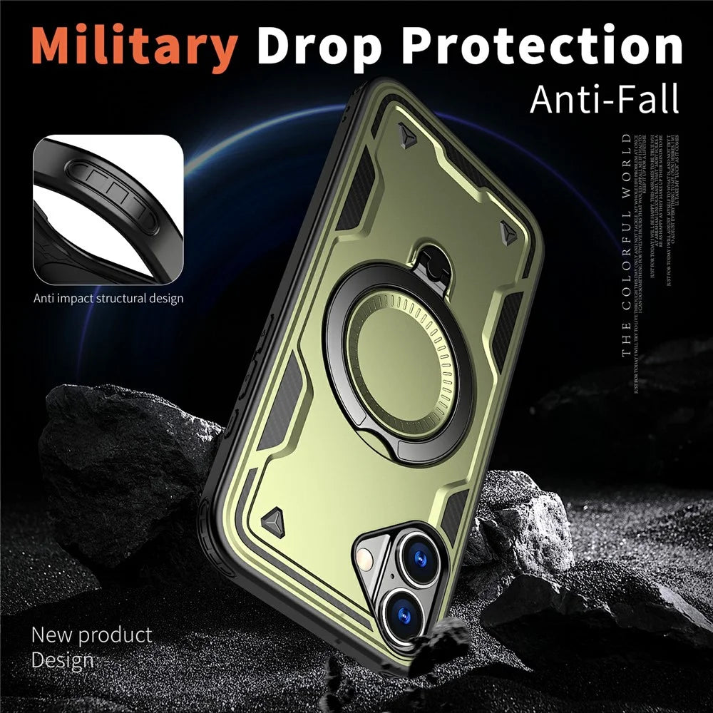 For iPhone 16 Case Compatible with MagSafe Military Protection PC+TPU Kickstand Phone Cover - Olive Green - 3