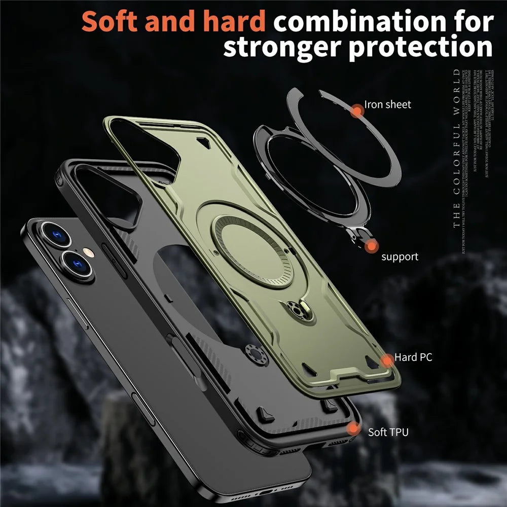 For iPhone 16 Case Compatible with MagSafe Military Protection PC+TPU Kickstand Phone Cover - Olive Green - 4