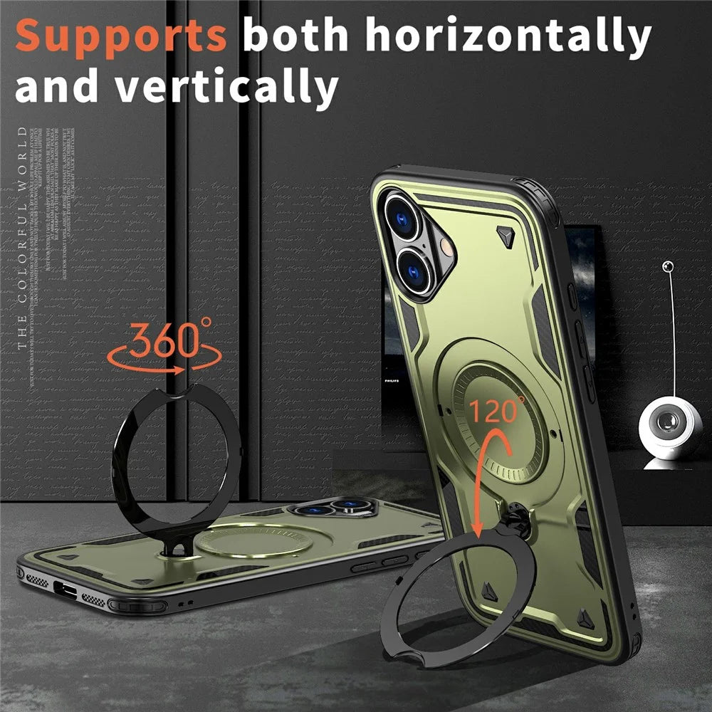 For iPhone 16 Case Compatible with MagSafe Military Protection PC+TPU Kickstand Phone Cover - Olive Green - 6