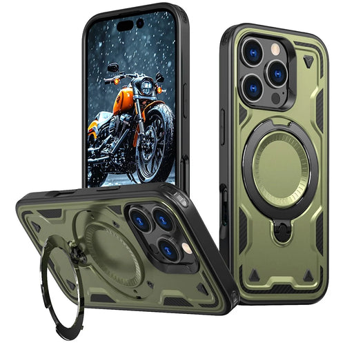 For iPhone 16 Pro Case Compatible with MagSafe Military Protection PC+TPU Kickstand Phone Cover - Olive Green - 1