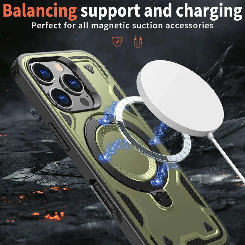 For iPhone 16 Pro Case Compatible with MagSafe Military Protection PC+TPU Kickstand Phone Cover - Olive Green - 2