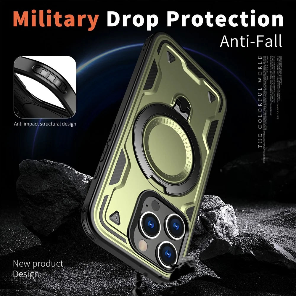 For iPhone 16 Pro Case Compatible with MagSafe Military Protection PC+TPU Kickstand Phone Cover - Olive Green - 3