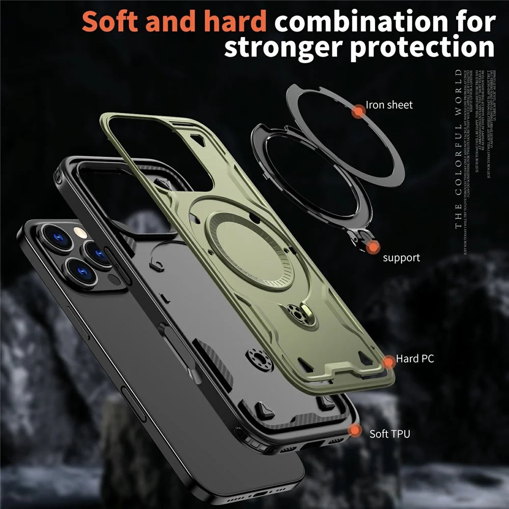 For iPhone 16 Pro Case Compatible with MagSafe Military Protection PC+TPU Kickstand Phone Cover - Olive Green - 4