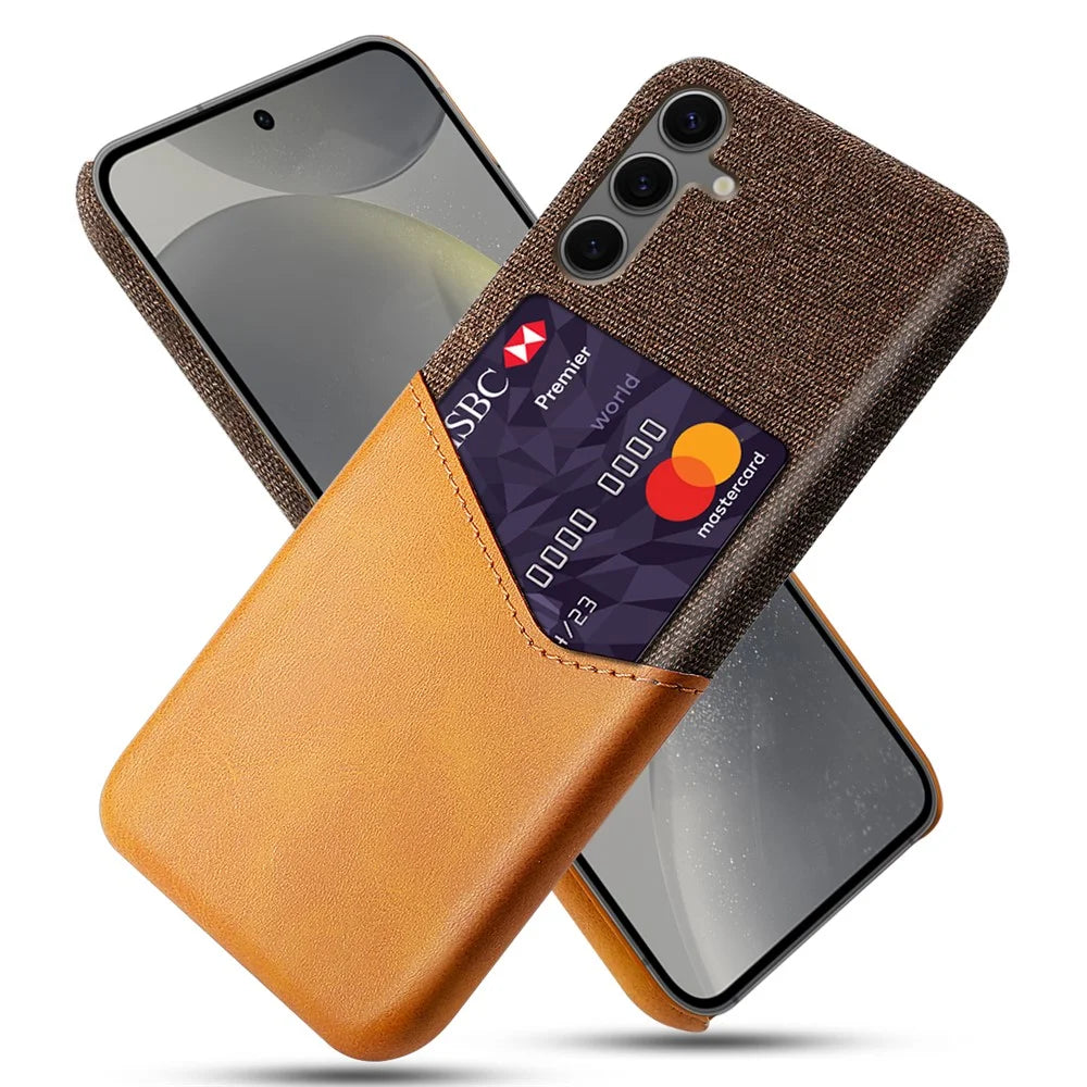 For Samsung Galaxy S24 FE Case Cloth Texture PU Leather Hard PC Card Slot Phone Cover - Orange - 1