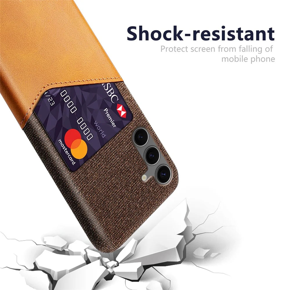 For Samsung Galaxy S24 FE Case Cloth Texture PU Leather Hard PC Card Slot Phone Cover - Orange - 2