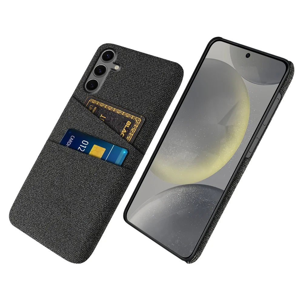 For Samsung Galaxy S24 FE Case Cloth + Hard PC Phone Cover with Dual Card Slots - Black - 1
