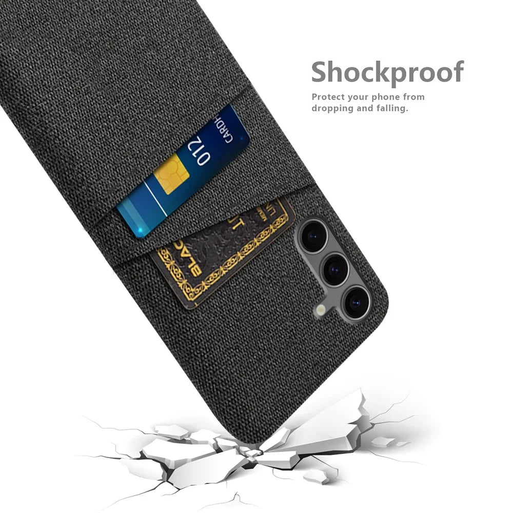 For Samsung Galaxy S24 FE Case Cloth + Hard PC Phone Cover with Dual Card Slots - Black - 4