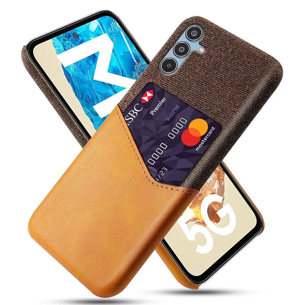 For Samsung Galaxy M35 5G Case Cloth Texture PU Leather Hard PC Card Slot Phone Cover - Orange - 1