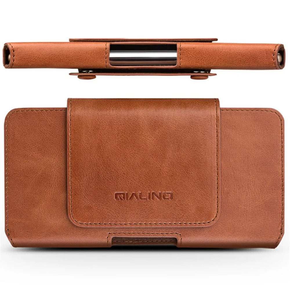 QIALINO Universal Genuine Cow Leather Waist Pouch Case for Under 6.9-inch Phones Drop-Proof Business Style Phone Bag - Brown - 1