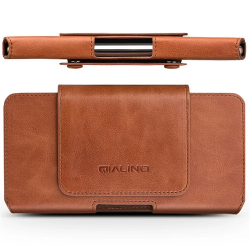 QIALINO Universal Genuine Cow Leather Waist Pouch Case for Under 6.9-inch Phones Drop-Proof Business Style Phone Bag - Brown - 1