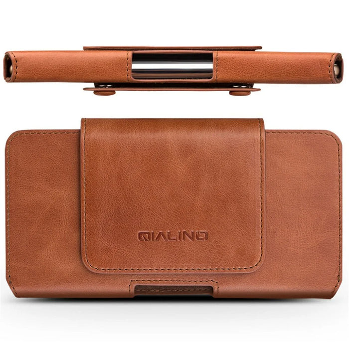 QIALINO Universal Genuine Cow Leather Waist Pouch Case for Under 6.9-inch Phones Drop-Proof Business Style Phone Bag - Brown - 1