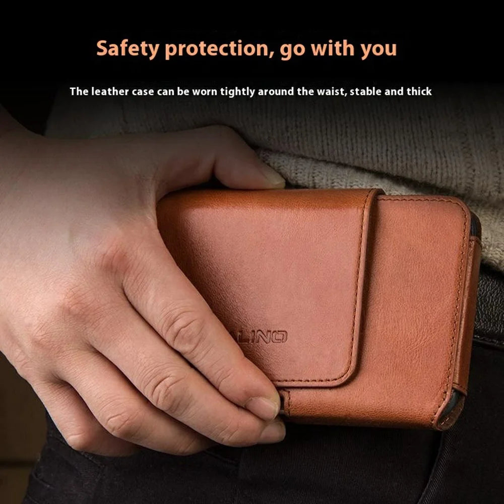 QIALINO Universal Genuine Cow Leather Waist Pouch Case for Under 6.9-inch Phones Drop-Proof Business Style Phone Bag - Brown - 5