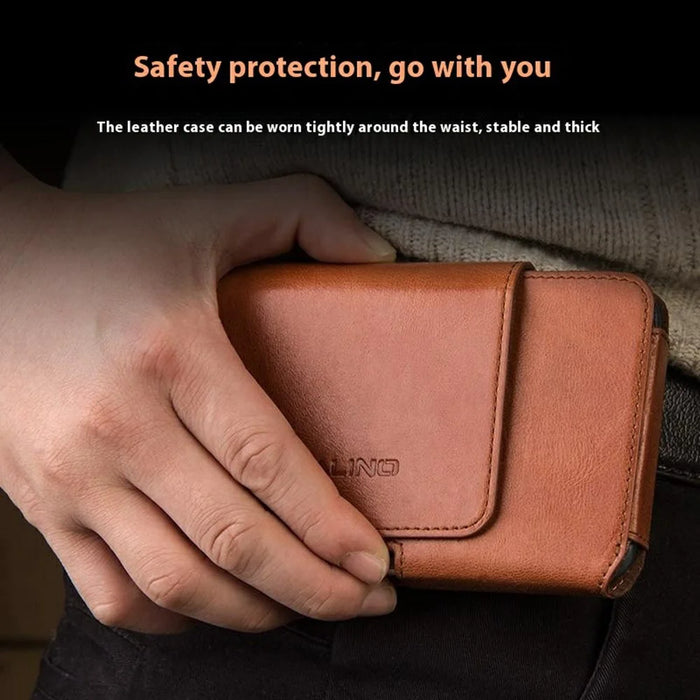 QIALINO Universal Genuine Cow Leather Waist Pouch Case for Under 6.9-inch Phones Drop-Proof Business Style Phone Bag - Brown - 5