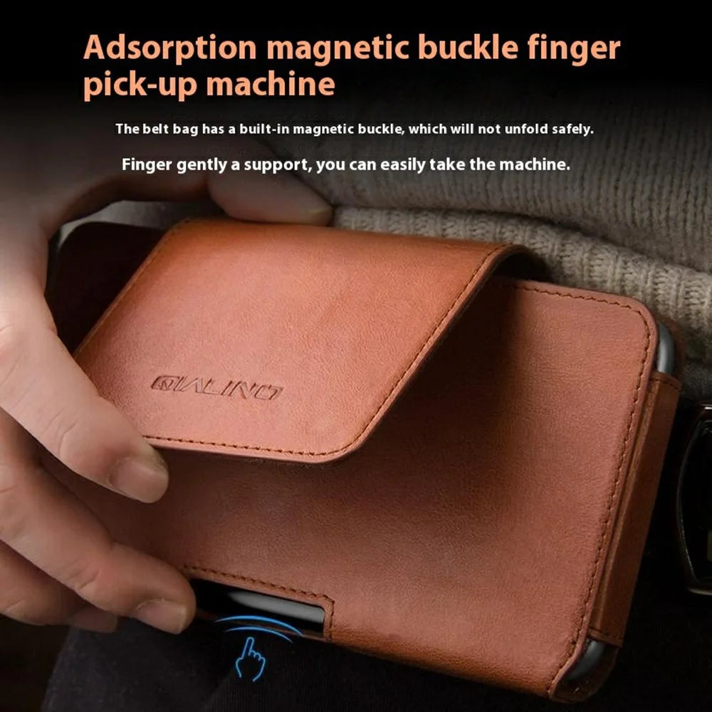 QIALINO Universal Genuine Cow Leather Waist Pouch Case for Under 6.9-inch Phones Drop-Proof Business Style Phone Bag - Brown - 6