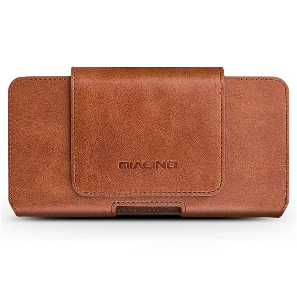 QIALINO Universal Genuine Cow Leather Waist Pouch Case for Under 6.9-inch Phones Drop-Proof Business Style Phone Bag - Brown - 7