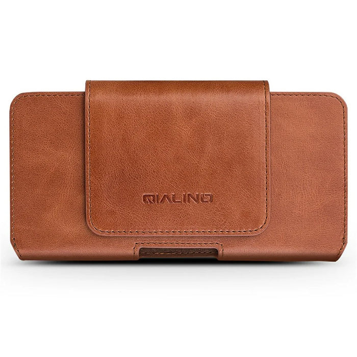 QIALINO Universal Genuine Cow Leather Waist Pouch Case for Under 6.9-inch Phones Drop-Proof Business Style Phone Bag - Brown - 7