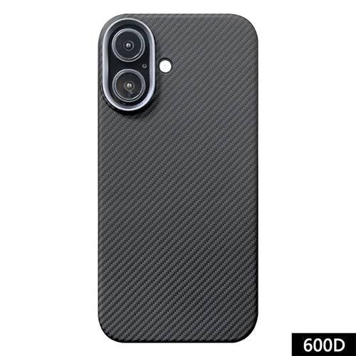 For iPhone 16 Case 600D Fine Texture Aramid Fiber Phone Cover with Metal Lens Frame - Black - 1
