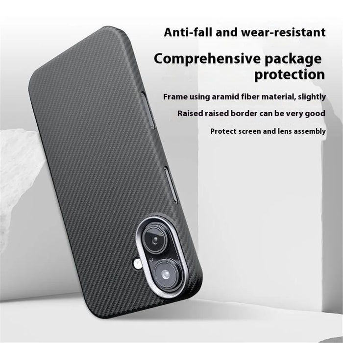 For iPhone 16 Case 600D Fine Texture Aramid Fiber Phone Cover with Metal Lens Frame - Black - 5