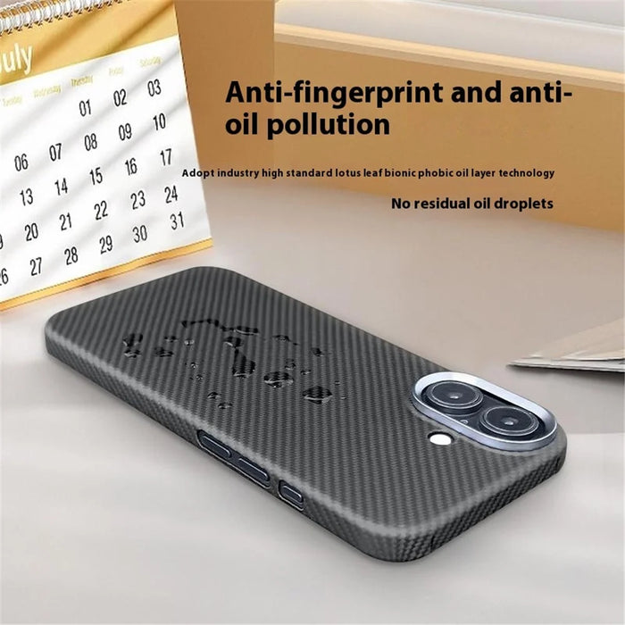 For iPhone 16 Case 600D Fine Texture Aramid Fiber Phone Cover with Metal Lens Frame - Black - 6