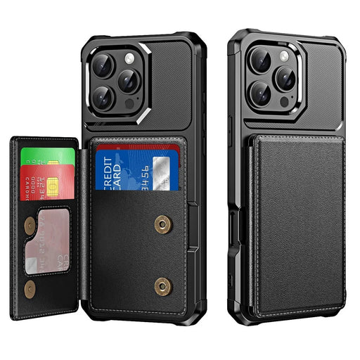 For iPhone 16 Pro Max Case Card Slot Kickstand Leather+TPU Reinforced Corner Phone Cover - Black - 1