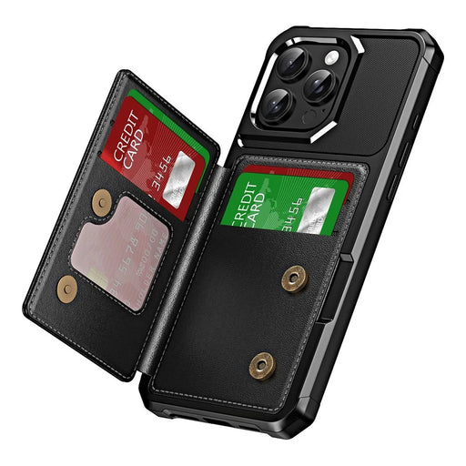 For iPhone 16 Pro Max Case Card Slot Kickstand Leather+TPU Reinforced Corner Phone Cover - Black - 2