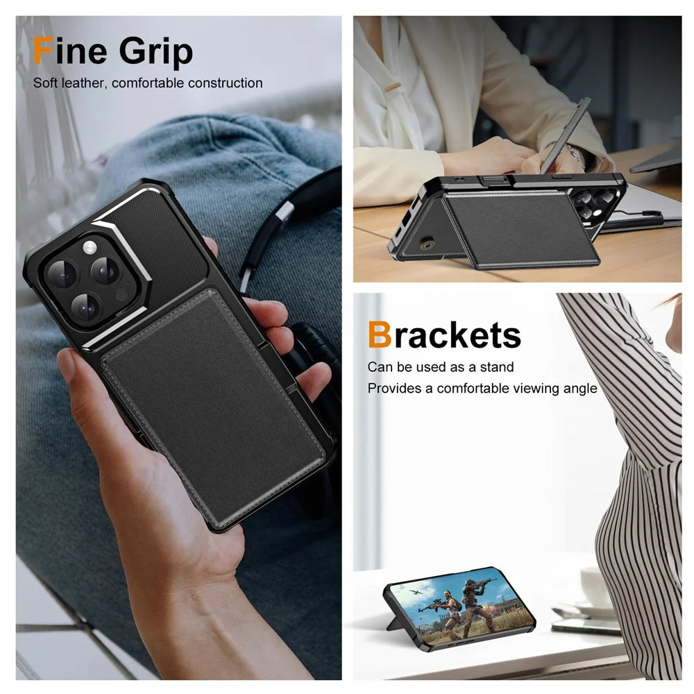 For iPhone 16 Pro Max Case Card Slot Kickstand Leather+TPU Reinforced Corner Phone Cover - Black - 7