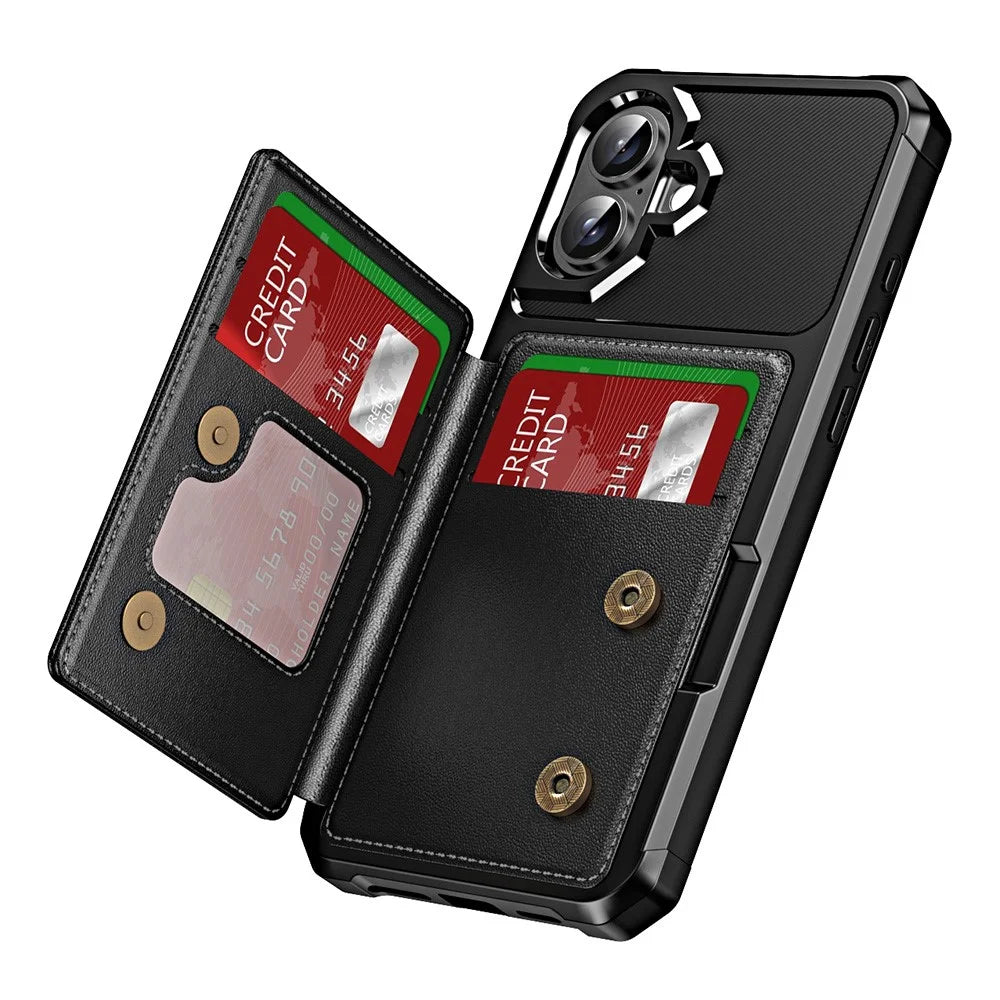 For iPhone 16 Case Card Slot Kickstand Leather+TPU Reinforced Corner Phone Cover - Black - 2