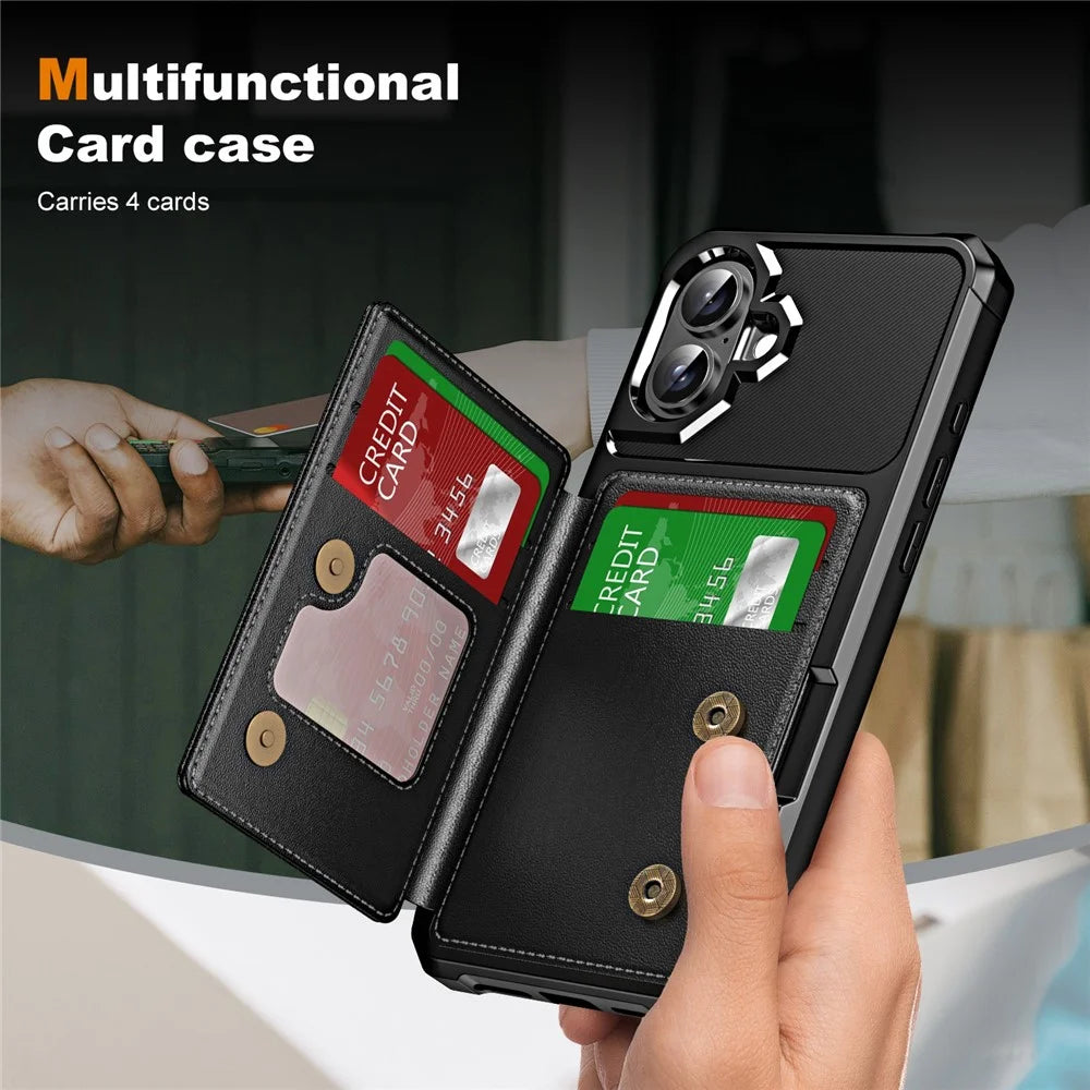 For iPhone 16 Case Card Slot Kickstand Leather+TPU Reinforced Corner Phone Cover - Black - 3