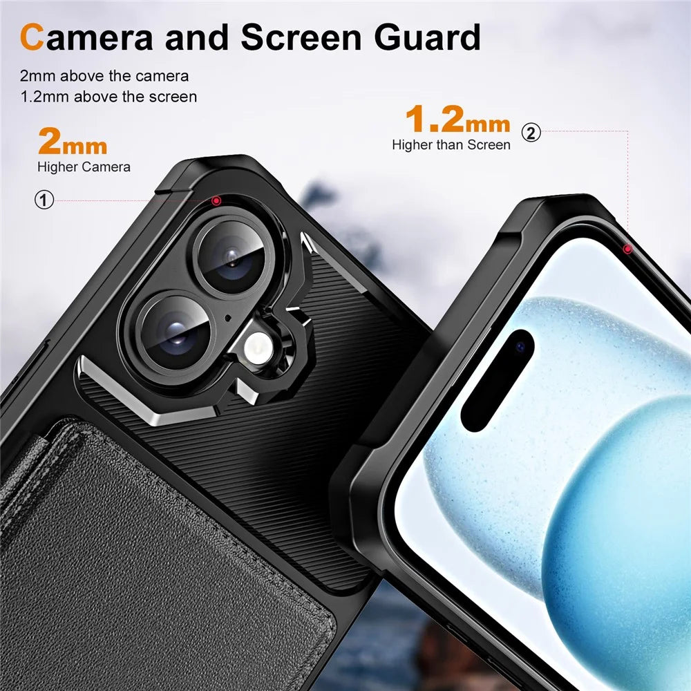 For iPhone 16 Case Card Slot Kickstand Leather+TPU Reinforced Corner Phone Cover - Black - 4