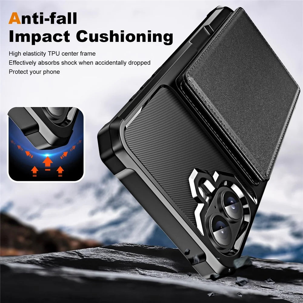 For iPhone 16 Case Card Slot Kickstand Leather+TPU Reinforced Corner Phone Cover - Black - 5