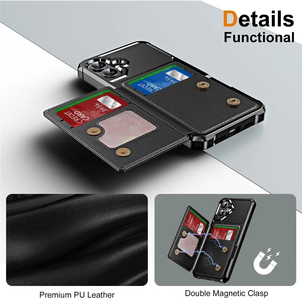 For iPhone 16 Case Card Slot Kickstand Leather+TPU Reinforced Corner Phone Cover - Black - 6