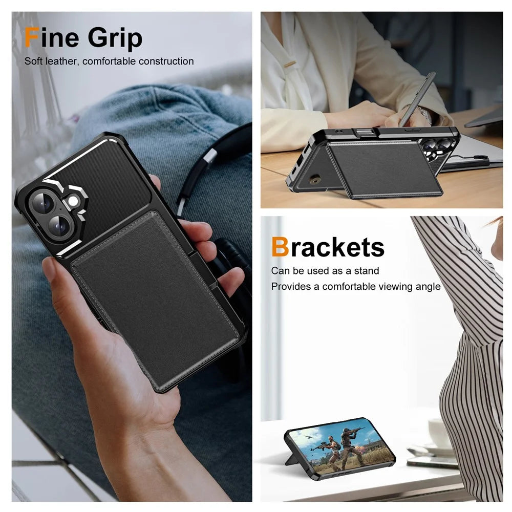 For iPhone 16 Case Card Slot Kickstand Leather+TPU Reinforced Corner Phone Cover - Black - 7