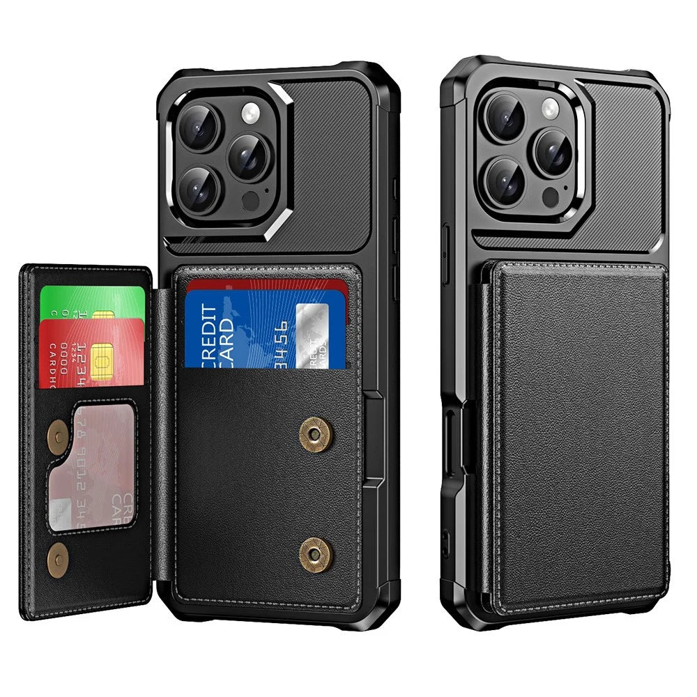 For iPhone 16 Pro Case Card Slot Kickstand Leather+TPU Reinforced Corner Phone Cover - Black - 1