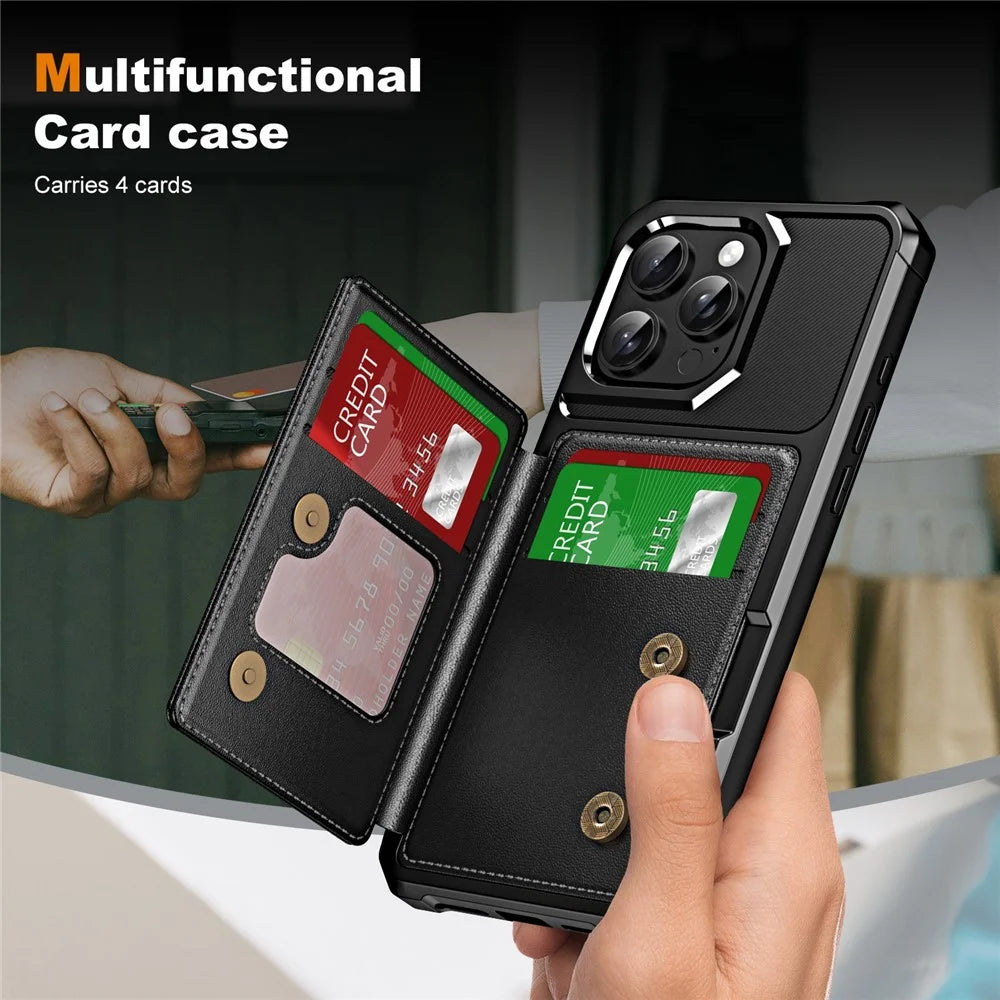 For iPhone 16 Pro Case Card Slot Kickstand Leather+TPU Reinforced Corner Phone Cover - Black - 3