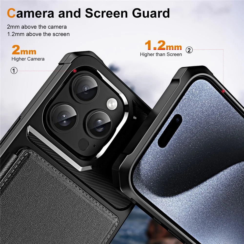 For iPhone 16 Pro Case Card Slot Kickstand Leather+TPU Reinforced Corner Phone Cover - Black - 4